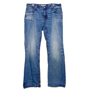 BKE Denim 38 Long Derek Mens Blue Denim Jeans Bootcut 38L Cotton Whiskering Zip